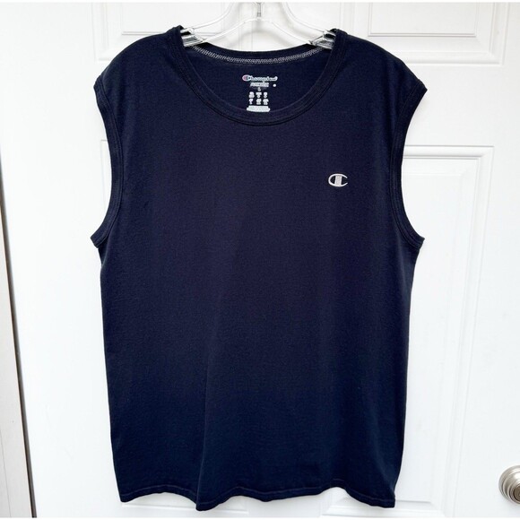 Champion Sleeveless Tshirt Size L Navy Logo Crew Neck Muscle Tee - Picture 1 of 7